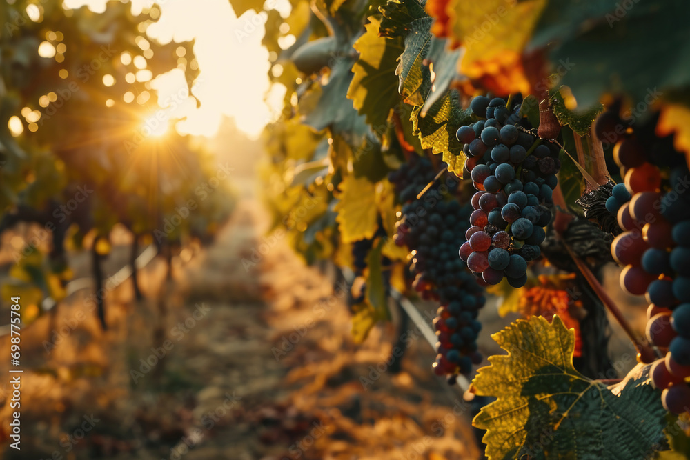 Poster A picture of a bunch of grapes growing in a vineyard. This image can be used to showcase the process of grape cultivation or to illustrate the beauty of a vineyard setting
