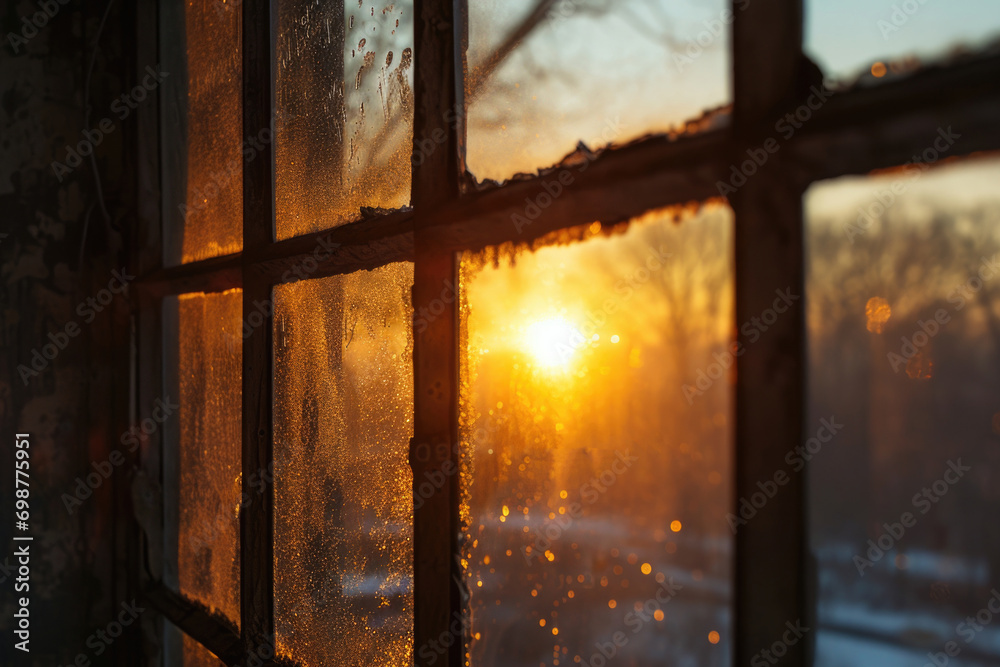 Poster A beautiful view of the sun setting through a window in a house. Perfect for capturing the warm and cozy atmosphere of a home.