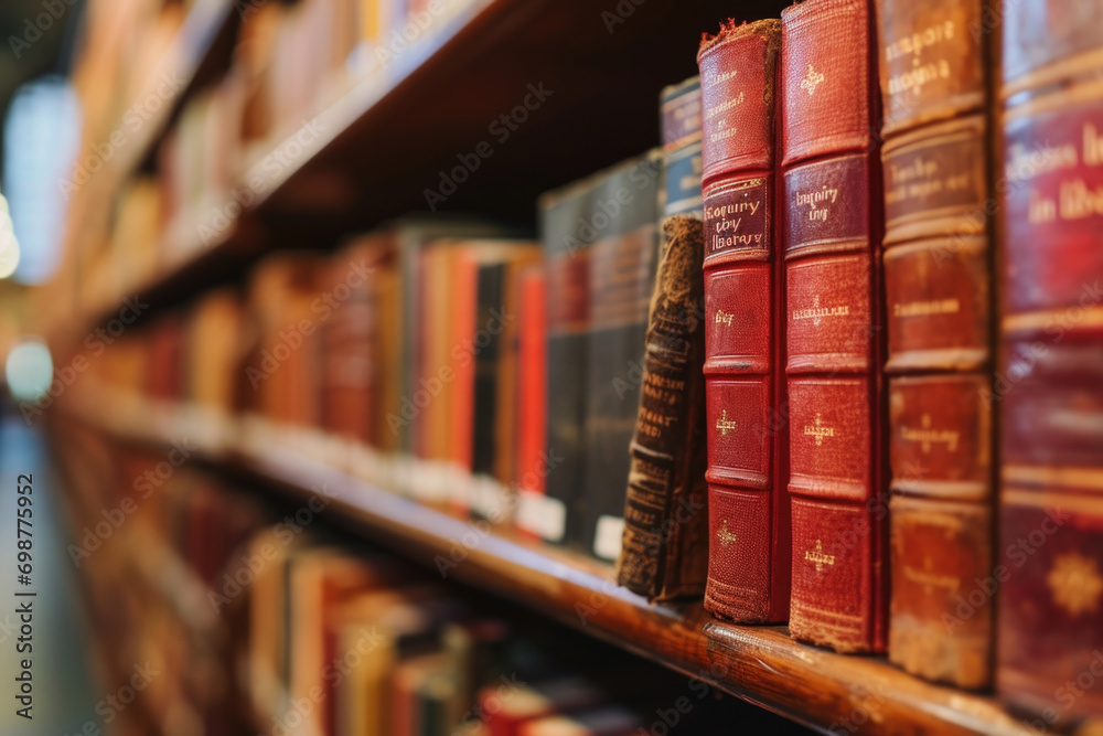 Poster A row of books neatly arranged on a shelf in a library. This image can be used to depict knowledge, education, learning, or a library setting