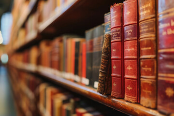 A row of books neatly arranged on a shelf in a library. This image can be used to depict knowledge, education, learning, or a library setting - obrazy, fototapety, plakaty