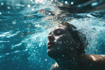 A young boy is seen swimming underwater in the vast ocean. This image can be used to depict the joy...