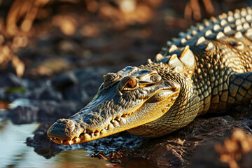Obraz premium A detailed close-up of an alligator's head near a body of water. Perfect for nature or wildlife-themed projects