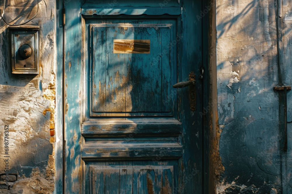 Poster an open blue door in an old building. suitable for architectural and historical themes