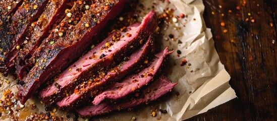 Coloured pepper dusted over pastrami slices on paper.