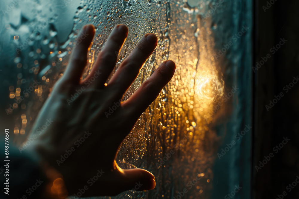 Aufkleber A person's hand is visible through a window covered in raindrops. This image can be used to convey concepts such as solitude, introspection, or the beauty of rainy weather