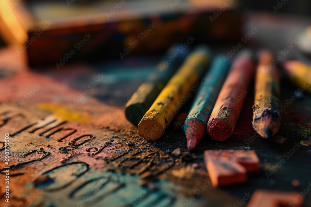 Poster a bunch of colored pencils sitting on top of a table. can be used for art and creativity-related pro