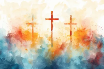 Foto op Plexiglas Watercolor drawing with a cross, a symbol of the Christian faith. Background with selective focus and copy space © top images