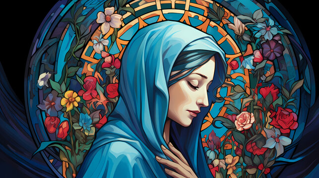 Art Nouveau Mother Mary stained glass flowers blue robe portrait artwork
