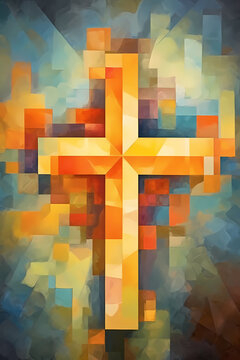 Cubist Cross with Vibrant Mosaic of Multicolored Geometric Patterns