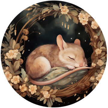 Sleeping little mouse round watercolor painting, cute baby mouse with leaves night woodland png illustration 