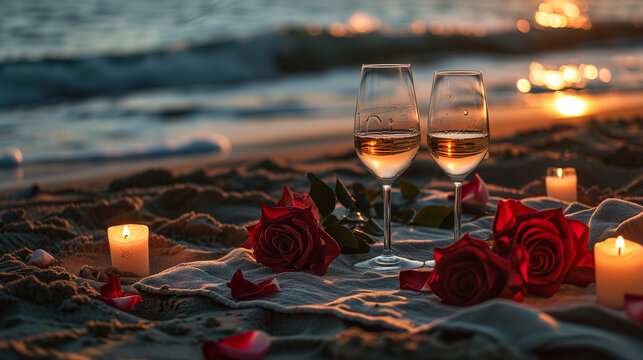 A valentines day picnic on the beach, two glasses of white wine on a blanket with red roses, sea view, sand, romantic, passion, love, candles, sunset