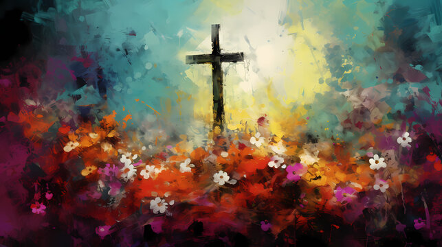 Impressionist painting of holy cross amidst vibrant colorful flowers 