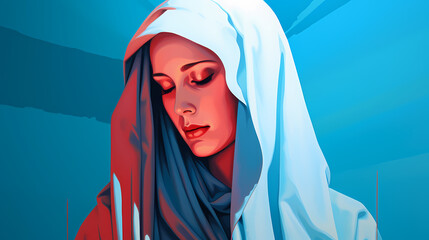 Contemporary Virgin Mary Portrait with Red and Blue Color Contrast Minimalism