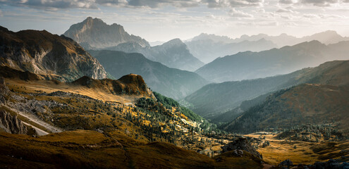 Stunning Italian Dolomites in vibrant colors.  Picturesque  Alpine mountain range at summer time.  