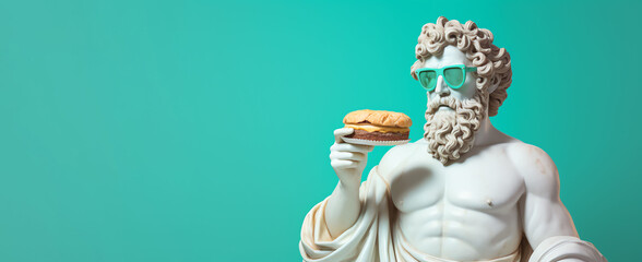 White Greek statue of Poseidon eat a large burger on a pastel blue background. Generative AI