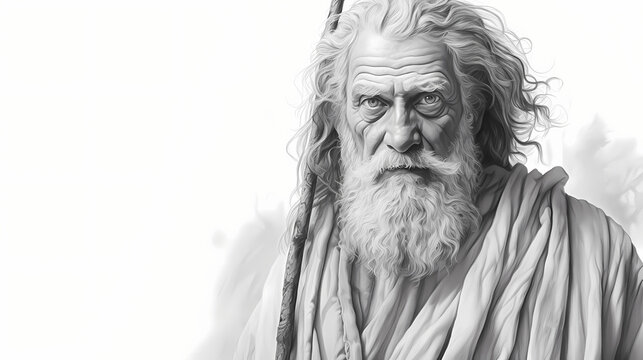 Moses black and white portrait in robe with staff isolated background