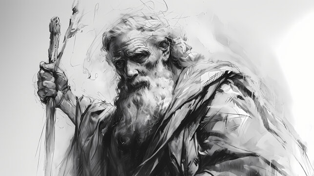 Moses holding staff wearing robe black and white pencil charcoal sketch 