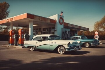 Vintage gas station from the 1950s. Generative AI