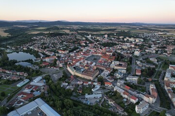 Fototapeta na wymiar defaultJicin and its historical city center buildings and town tower of fortification walls system and cathedral aerial panorama landscape view,Bohemia,Czech republic