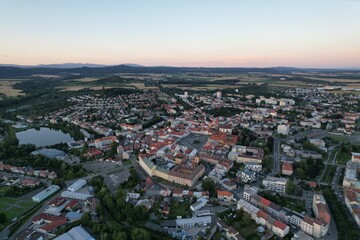 defaultJicin and its historical city center buildings and town tower of fortification walls system and cathedral aerial panorama landscape view,Bohemia,Czech republic