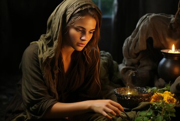 Serene Woman Kneeling with Bowl of Water and Flowers