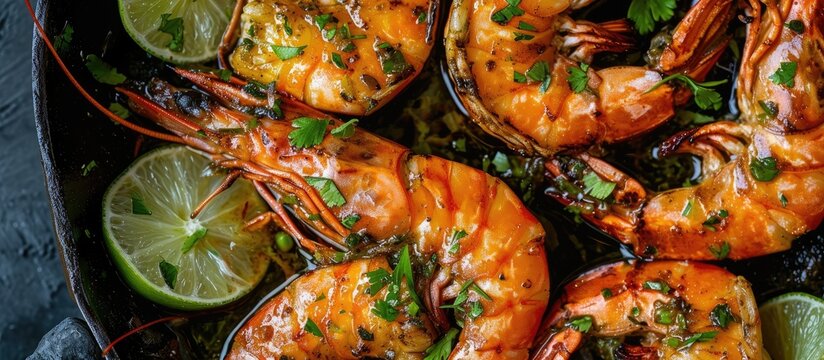 Top view of lime and oregano seasoned grilled spicy prawns served in a pan.