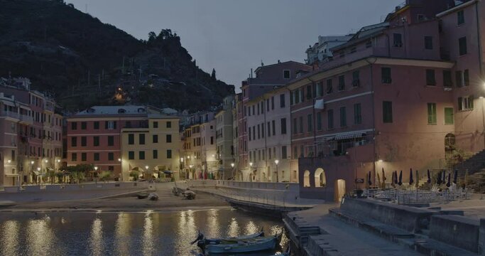 Panorama of Vernazza town at night in Cinque Terre region of Italy