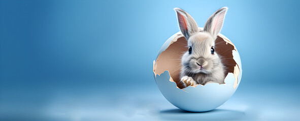 Rabbit in broken shell, Easter eggs isolated on blue background.