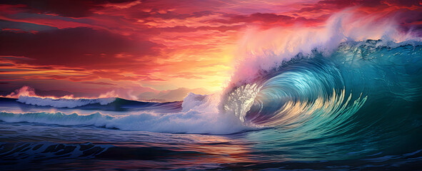 Sky sunset on the background of ocean waves. Ocean waves with pink and scarlet sky.