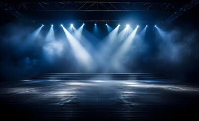 Nightclub scene with spotlights and fog Dark blue stage lights.