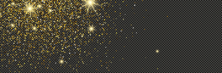 Gold glittering dust with stars on transparent backdrop