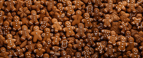 Close-up of many gingerbread man cookies, top view.