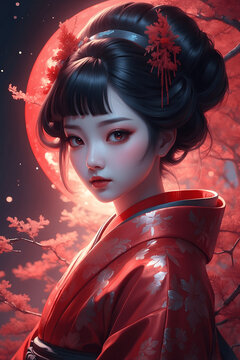 Ruby Robes: Futuristic Asian Woman Embodies Red Hanfu Glamour