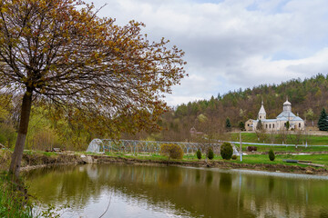 Lake near the monastery. Background with selective focus and copy space