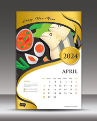 Calendar 2024 template thai food concept vector, April template, Desk Calendar 2024 vector design, Wall calendar 2024 year, printing media, poster, brochure flyer vector, Gold background