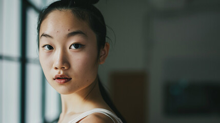 Young Asian ballet dancer in a studio practicing poses looking gracefully at the camera --ar 16-9...