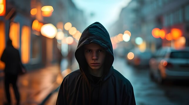 Front view of a loney teeager boy wearing black hoodie while walking on street in evening