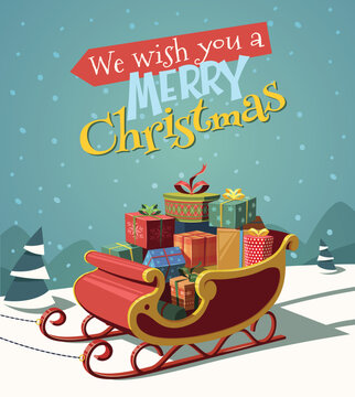 Santa sleigh full of presents on Christmas ,greeting card stock illustration