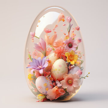 huevo de cristal conteniendo en su interior huevos de pascua y flores sobre fondo blanco, concepto pascua