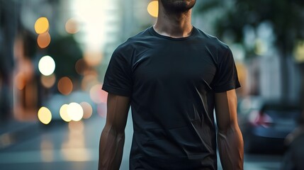 Person walking in the city wearing short sleeved black t-shirt mockup design, men shirt template for design print or logo placement