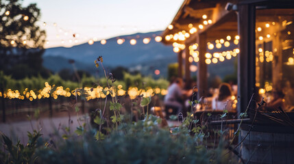 A romantic vineyard in Napa Valley at sunset with bokeh lights illuminating the outdoor dining area as couples savor fine wines and gourmet cuisine - Powered by Adobe
