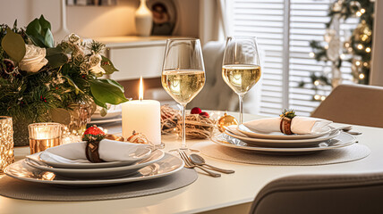 Fototapeta premium Festive date night tablescape idea, dinner table setting for two and Christmas, New Year, Valentines day decor, English country home styling