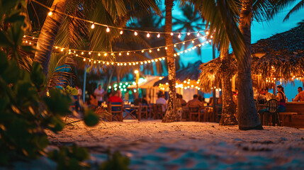 A tropical beach bar in the Caribbean with bokeh lights strung between palm trees as vacationers enjoy refreshing cocktails and live music 