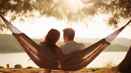 The serene glow of evening, a blissful scene unfolds as a loving couple sits in a hammock, basking in the happiness of the sunset atmosphere.