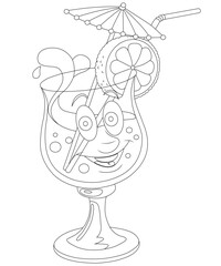 A happy cartoon cocktail with a slice of orange and a tiny umbrella, isolated on white background