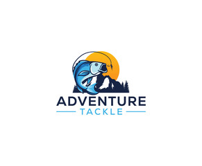 fishing logo with salmon fish, fishing line, hook, and mountains. Fishing tournament, tour, and camp illustrations vector