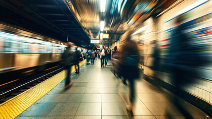 Commuters at Subway Station, Rush Hour, Blurred Movement  - obrazy, fototapety, plakaty