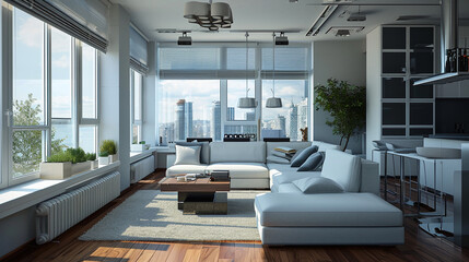 Fototapeta premium Compact Urban Apartment Living Room with Modern and Functional Furniture 