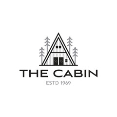Simple line art Triangle cabin with tree Vintage Wooden Logo Design Inspiration