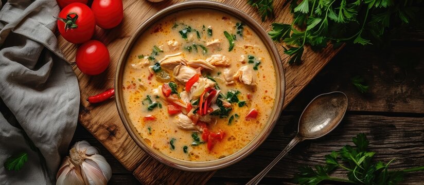 Romanian creamed chicken soup - aerial view
